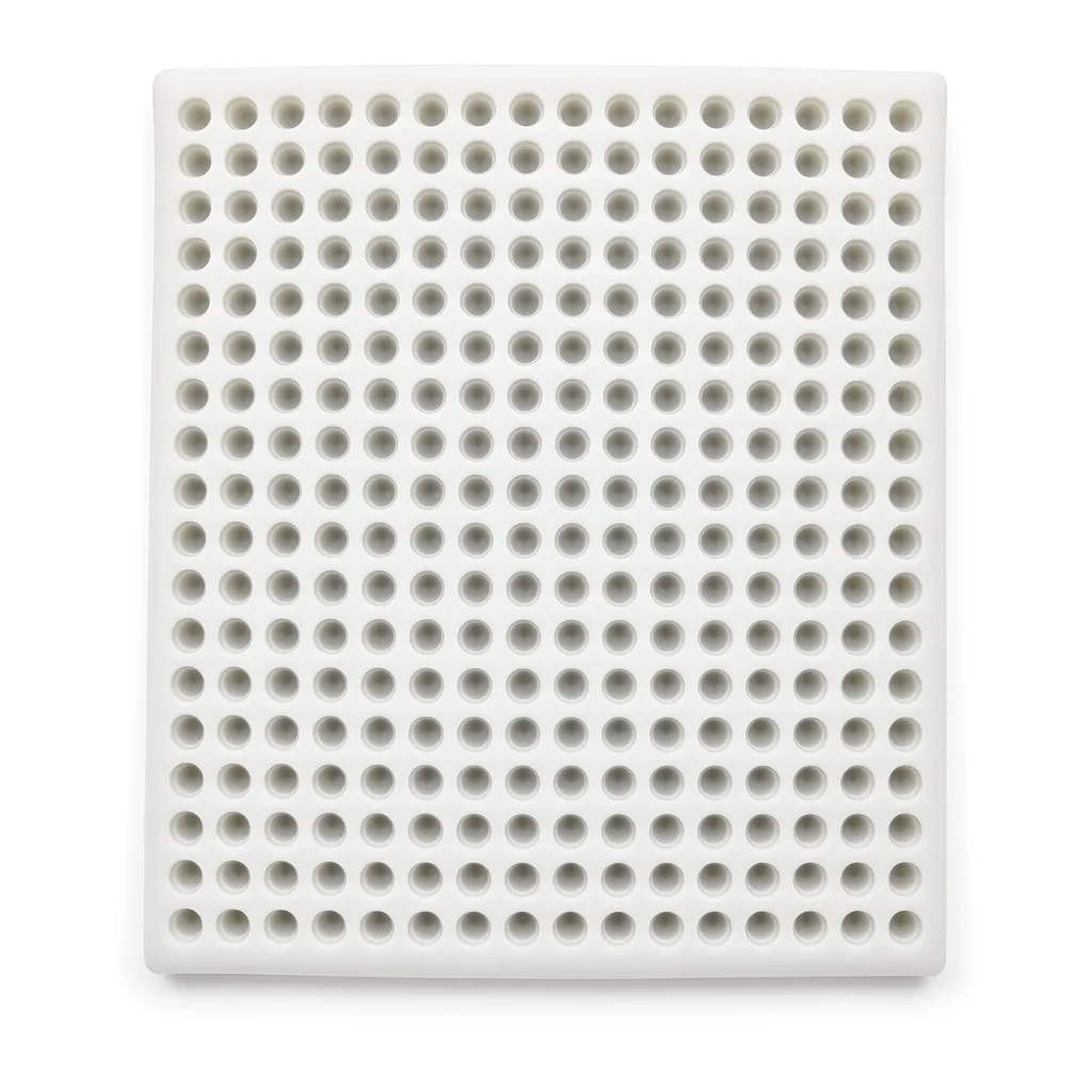 White high-count silicone tray with round cavities and a metal ruler